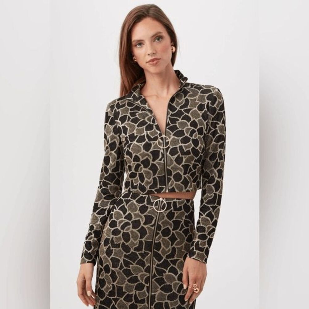 NWT TRINA TURK Frosty Meadows Cropped Knit Jacquard Zip-Front Top - Size 10
